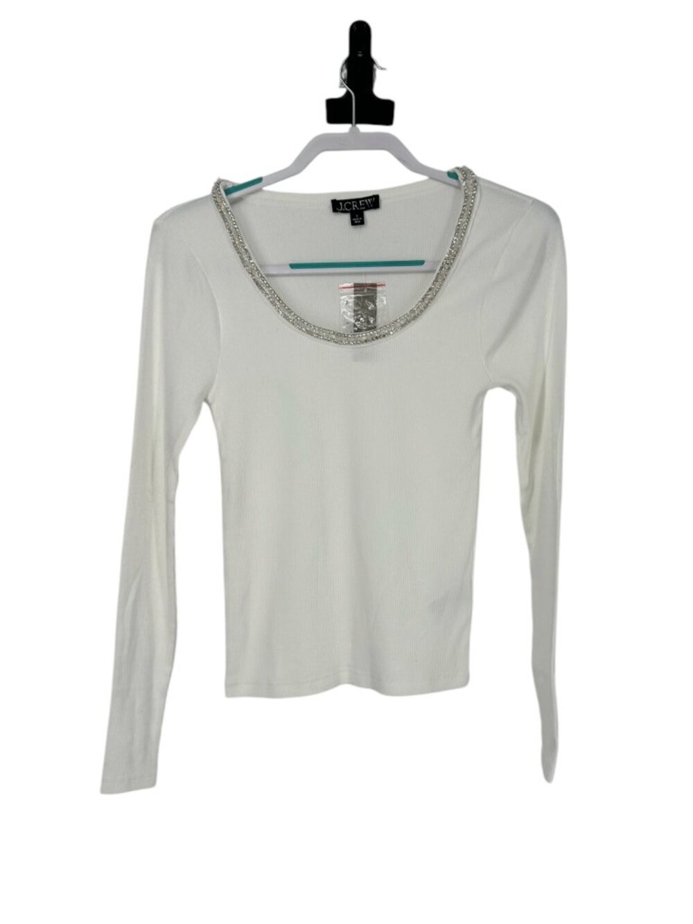 J.Crew Top Small White Rhinestone Neckline Ribbed Knit Glam Sweater Quiet Luxury